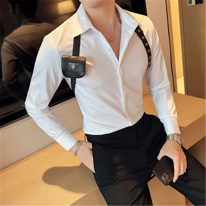 

Men's Social Shirt White Straps Designer Blouse Slim Fit Luxury Shirt Camicia Uomo Camisa Social Masculina Hippie Clothes 2022