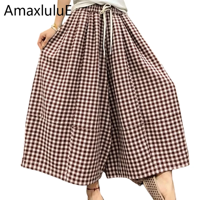 Фото Amax LuluE 2026: Модные женские брюки в клетку в британском стиле, летние, винтажные, свободные, класса люкс, классические повседневные брюки для женщин №1