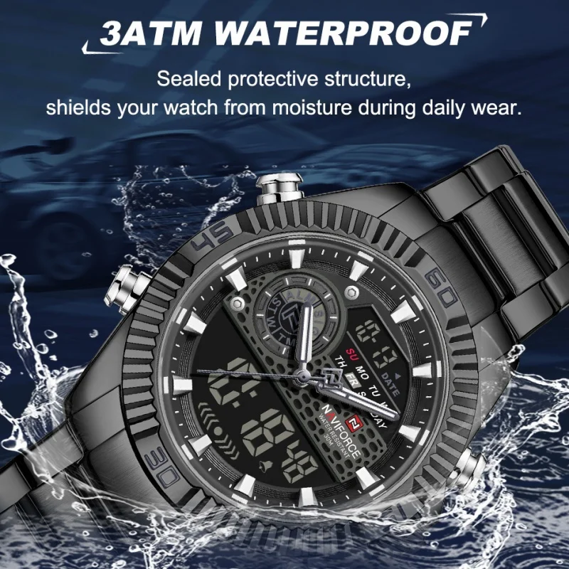 Фото Мужские часы NAVIFORCE, кварцевые, с двойным дисплеем, водонепроницаемые, из нержавеющей стали, мужские, роскошные, модные, деловые, наручные часы для активного отдыха, подарочная коробка №5
