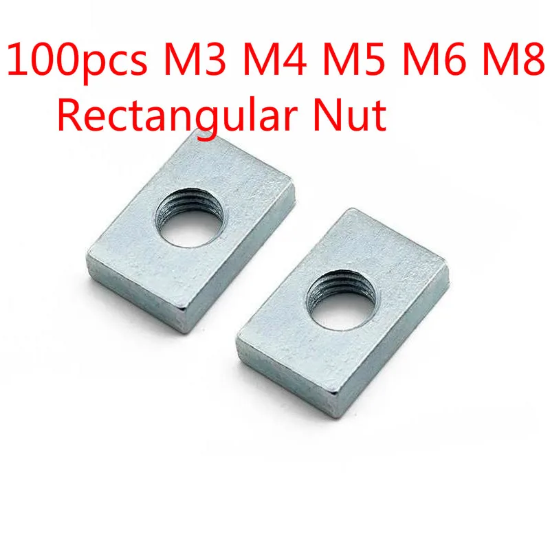 

100pcs Square Nut M3 M4 M5 M6 M8 Rectangular Nuts GB39 Aluminum Profile Accessory Slider Block Thin Carbon Steel Countersunk Nut