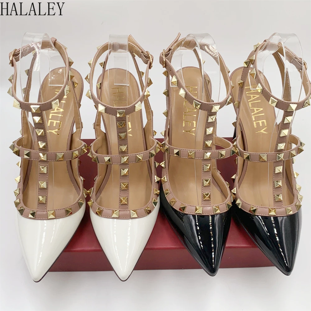 

HALALEY Luxury Rivets Leather Sandal Pointed Toe Women High Heel Sexy Shoes 2022 Classics Wedding Shoes 6cm 8cm 10cm 34-44