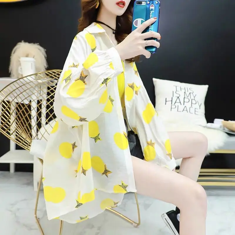 

Shirts Women Summer Thin Breathable Print Chiffon Sun Protection Blouses Basic All-match Fashion Chic Loose Female X112
