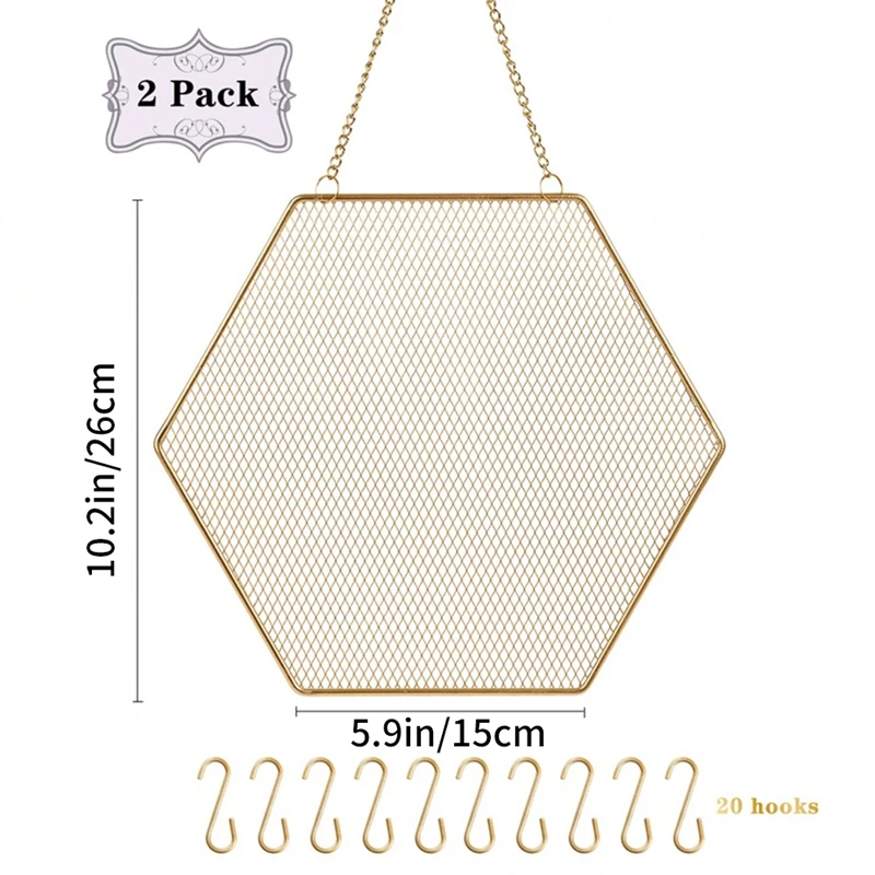 Hanging Earring Holder Wall Mounted, 2 Packs Earring Organizer Decorative Hexagon Hanging Jewelry Organizer Grid Shape