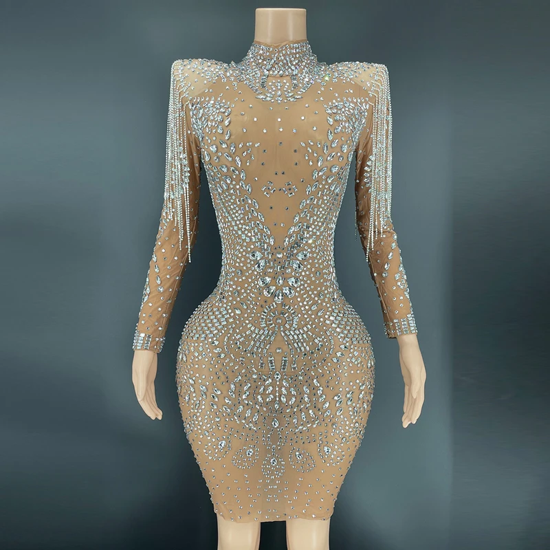 

New Crystals Fringes Chain Dress Sexy Rhinestones Dress Birthday Party Evening Dresses Stage Show Singer Dance Costume XS4133