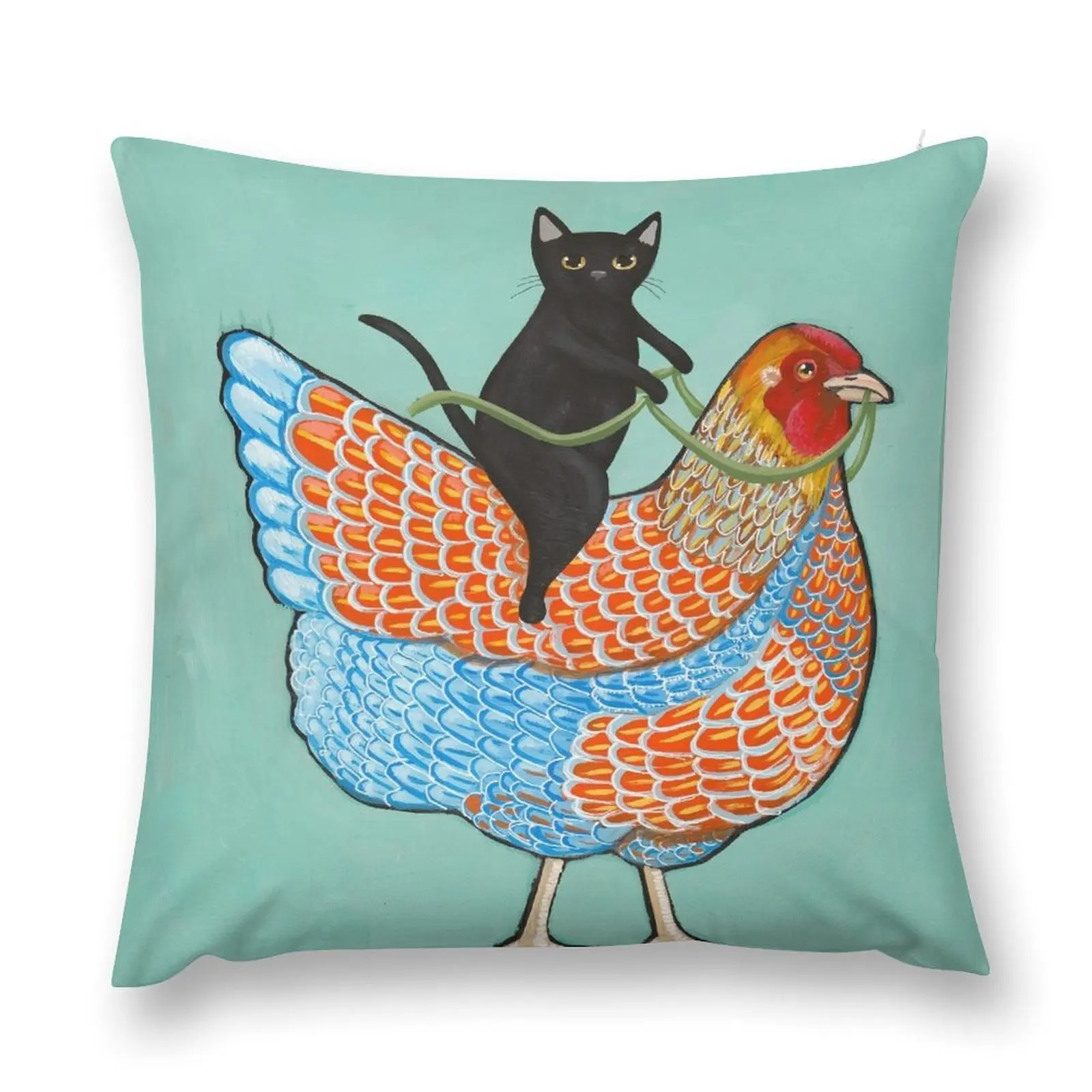 Декоративная наволочка с изображением курицы и черной кошки