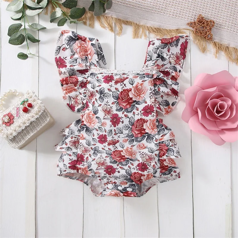 

0-18M Cute Newborn Baby Girl's Romper Floral Print Ruffle Sleeveless Square Neck Backless Snap Crotch Infant Girl Bodysuit