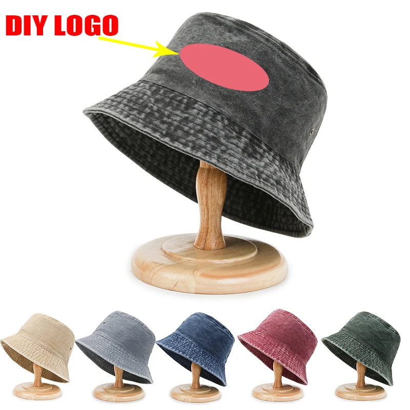 DIY Custom Logo Solid Cotton Washed Denim Bucket Hats Unisex Bob Folding Fisherman Hip Hop Gorros Men Women Panama Bucket Cap