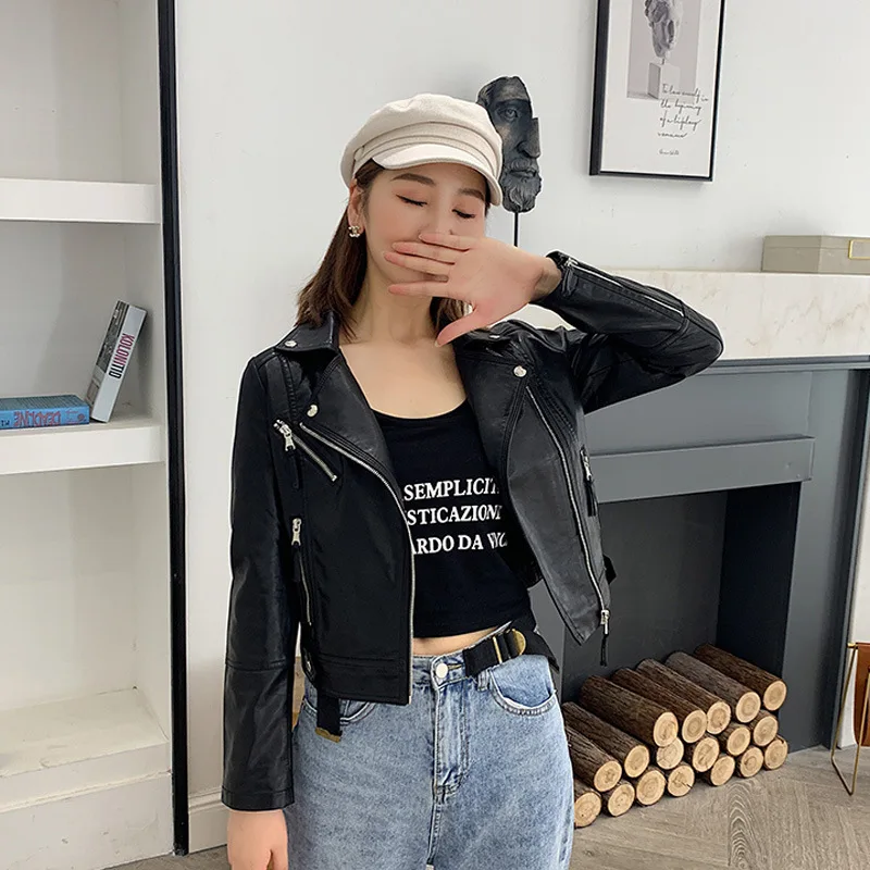 Lapel zipper 2023 spring and autumn clothes new small leather short slim-fit coat