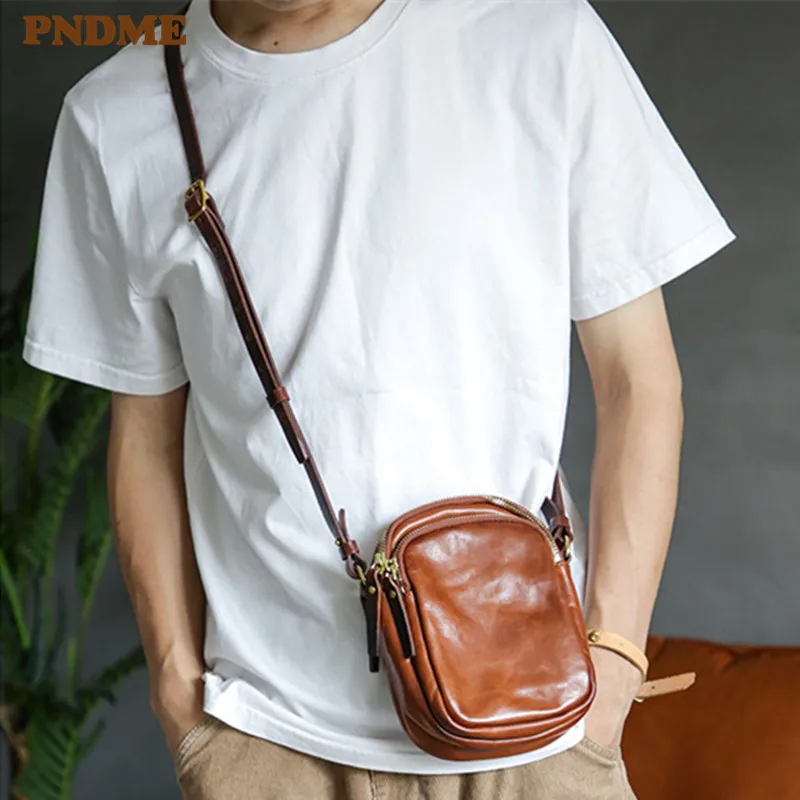 PNDME Simple casual high quality natural genuine leather men's mobile phone bag lightweight hot selling shoulder crossbody bag