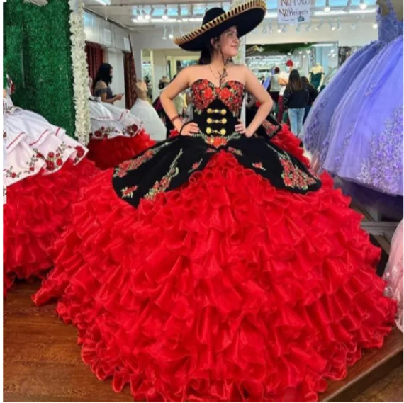

Red Charro Quinceanera Dresses Ball Gown Sweetheart Organza Appliques Ruffles Puffy Mexican Sweet 16 Dresses 15 Anos