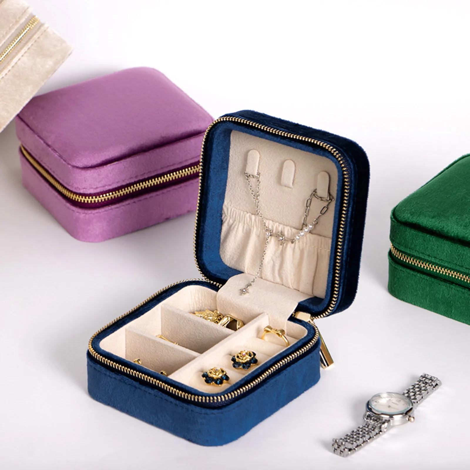 

Vintage Velvet Organizer Display Travel Jewelry Case Boxes Square Multicolor Necklace Earrings Bracelets Zipper Storage Holder
