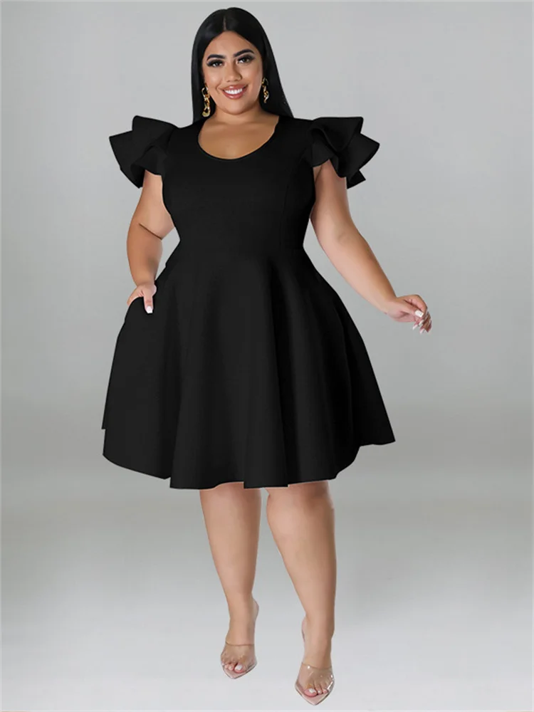 Plus Size Dresses for Women Elegant Party Solid Ruffles Sleeve Big Hem Midi Dress Hot Sale New Wholesa 3xl 4xl 5xl 6xl