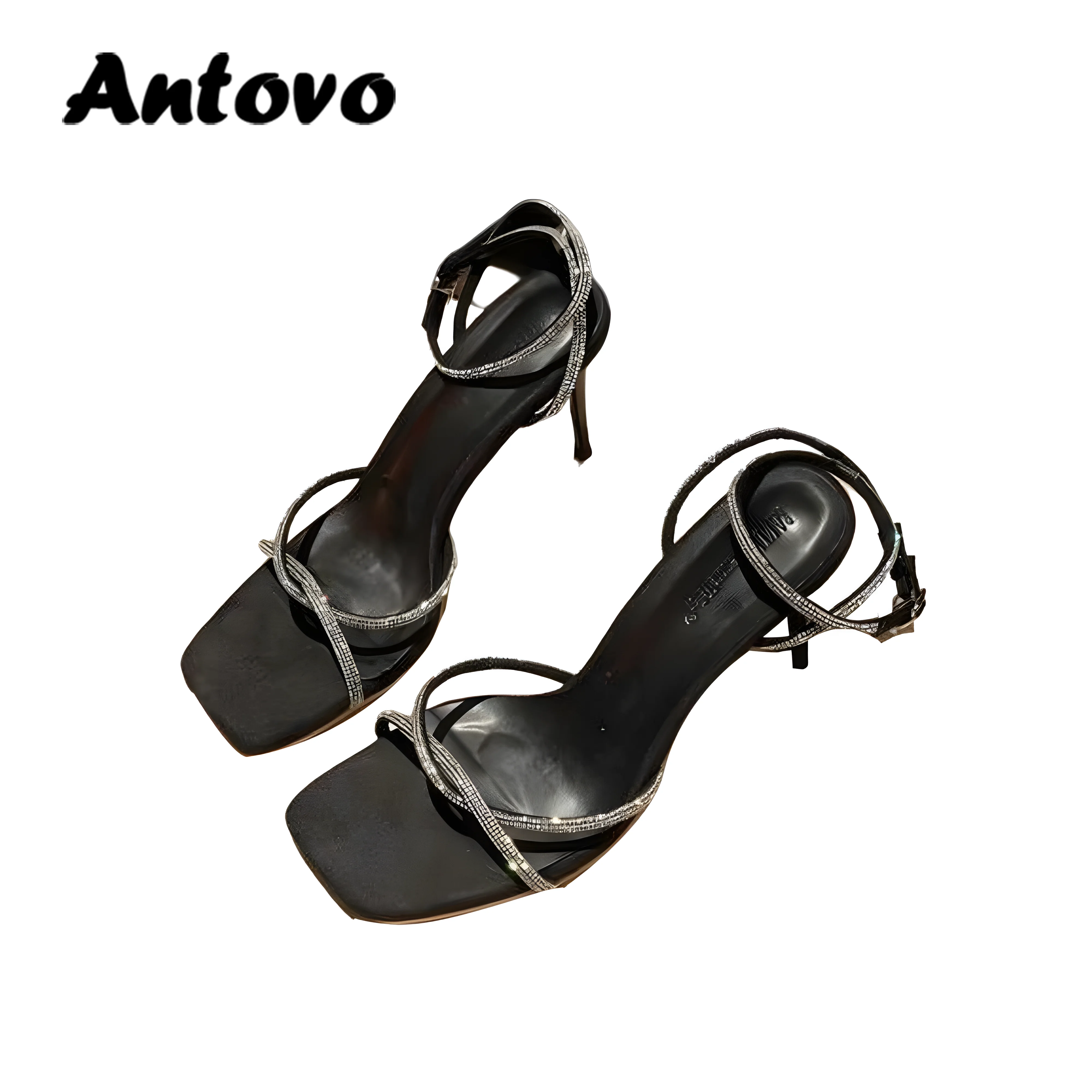 

2022 Summer New Cross Straps Temperament Sexy Open Toe Rhinestone Sandals One Word Buckle High Heels Women Stiletto All-Match