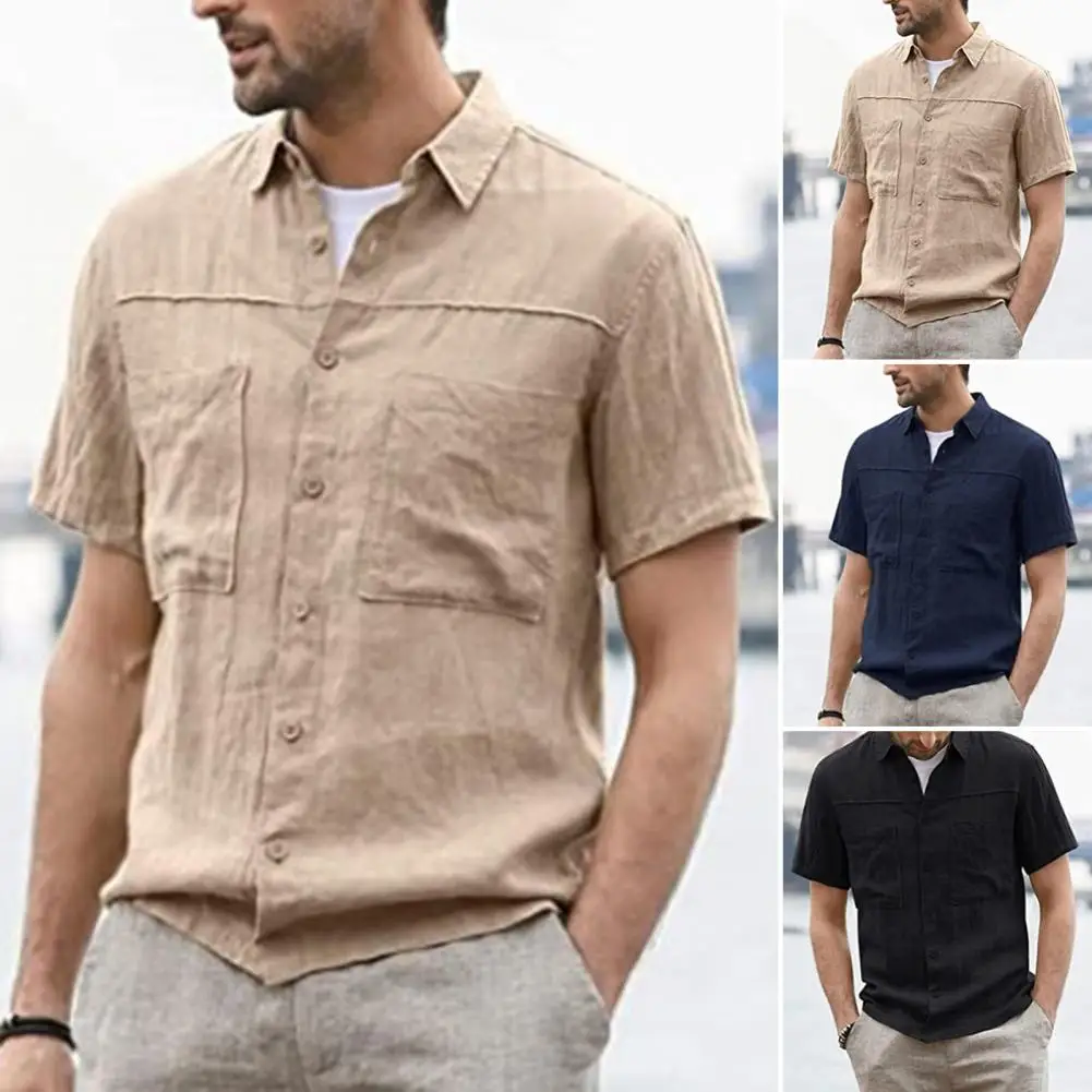 

All Match Sweat Absorption Single-breasted Short Sleeves Men Tops Male Garment