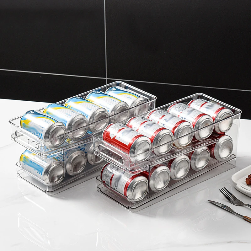

Double-layer Transparent Storage Box for Easy-to-pull Cans and Drinks Automatically Roll Down RefrigeratorRefrigerated BeerShelf