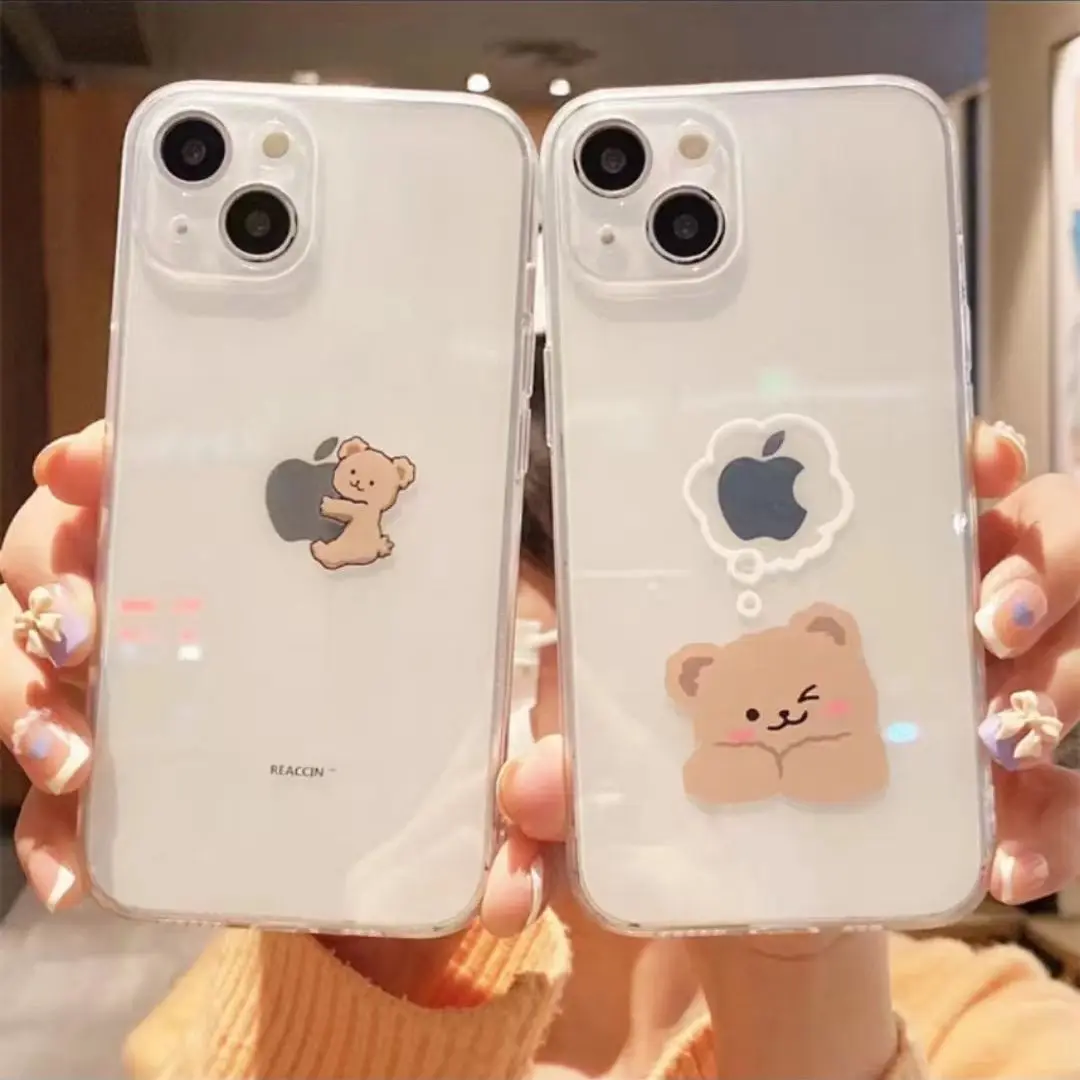 

New Funny Cute Cartoon Bear Clear Phone Case For iPhone 14 13 12 11 Pro Max X XS XR 7 8 Plus Animal Couple Clear Soft TPU Cover