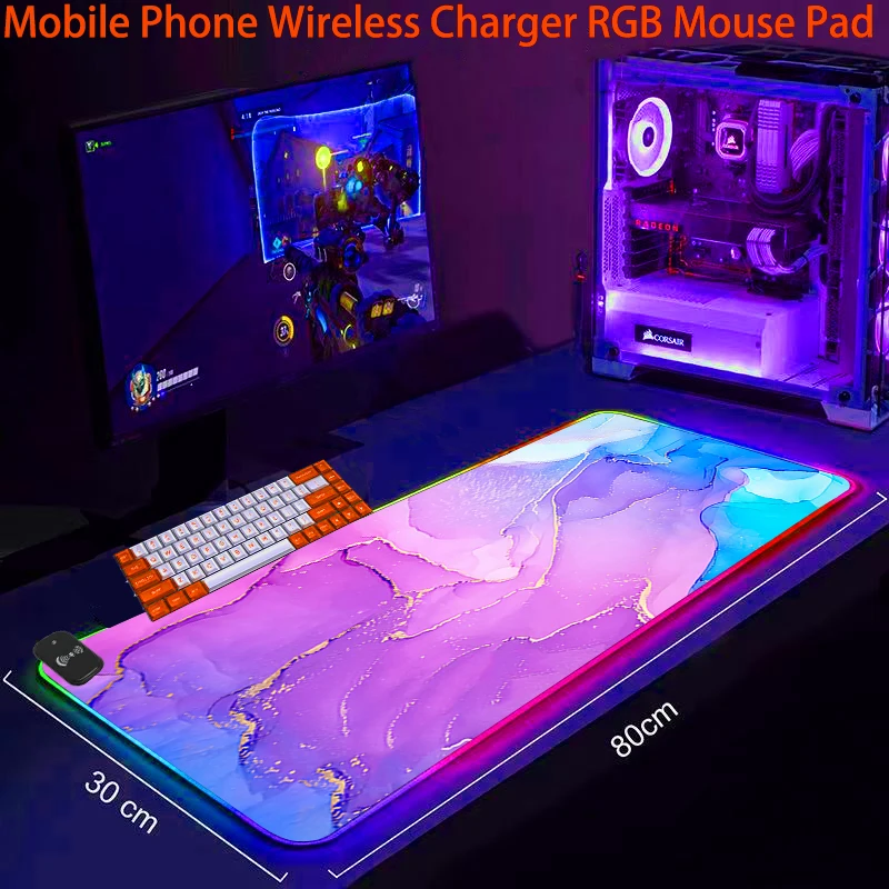 

Светящийся коврик для мыши с беспроводной зарядкой для телефона, игровой коврик с подсветодиодный из розового мрамора, Офисные аксессуары, ...