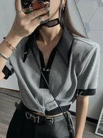 qweek korean fashion design crop t shirts women polo kpop harajuku punk tees gray short sleeve cropped tops 2022 summer