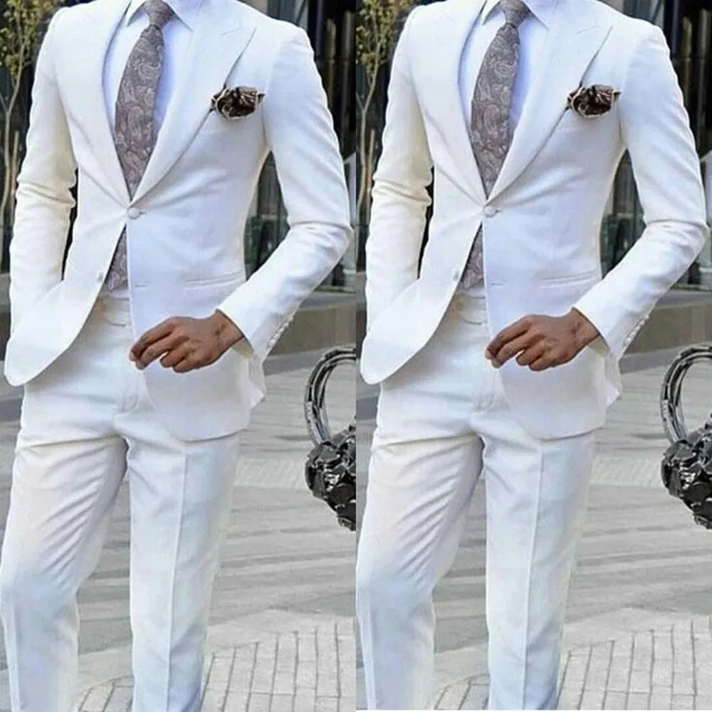 

White Formal Mens Suits For Wedding Two Pieces Groomsmen Tuxedos Men Blazers Prom/Party/Business Wears(Jacket+Pant)