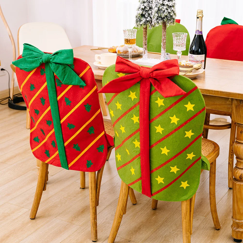 

Christmas Stretch Chair Cover Banquet Party Seat Cover Christmas Bow Gift Box Chair Cover Slipcover Xmas Home Dinner Table Decor