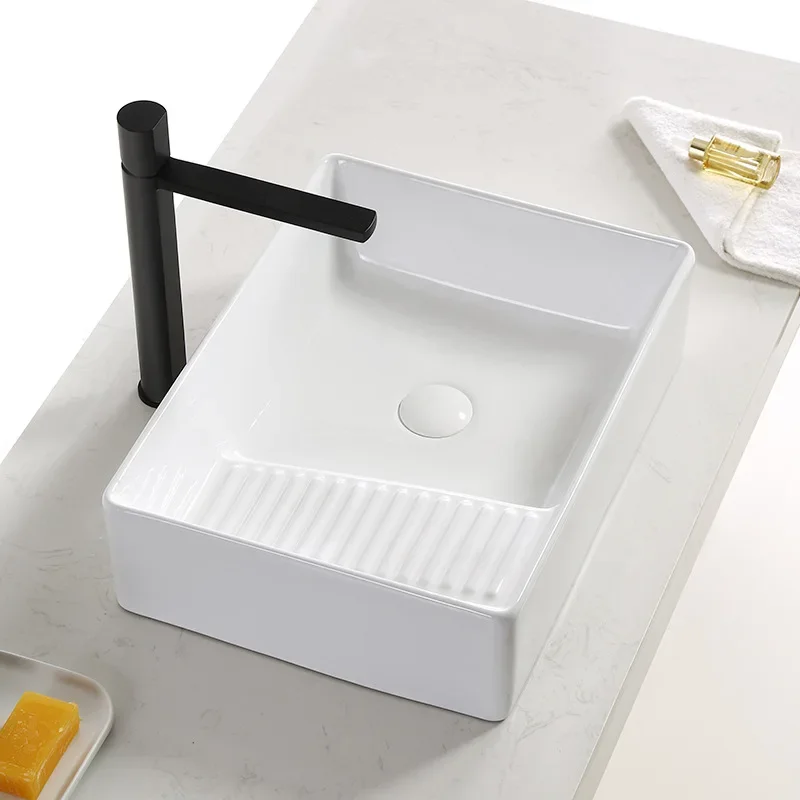 

Washing Machine Table Basin with Washboard Wash Integrated Washbasin Bathroom Laundry Tub Ceramic Basin Household