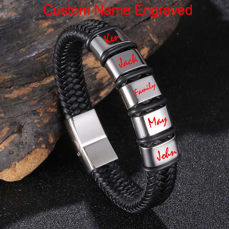 Черные плетеные кожаные браслеты с гравировкой имени на заказ, браслеты для мужчин, модные мужские браслеты ручной работы в стиле панк, хип-хоп, ювелирные изделия KZ1166