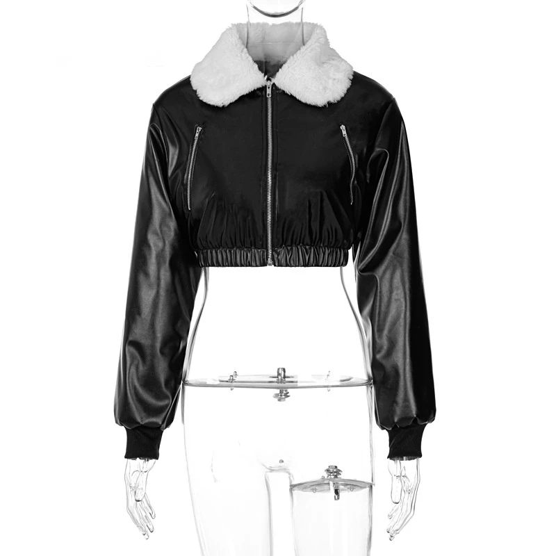 Женская куртка из ПУ кожи с длинным рукавом на молнии |