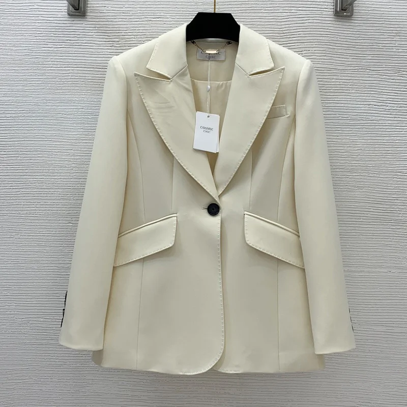 

High Quality 22New Long Sleeve Lapel Blazer Women Elegant Slim Single Button Wool Blended Jacket Fashion Runway Lady Office Tops