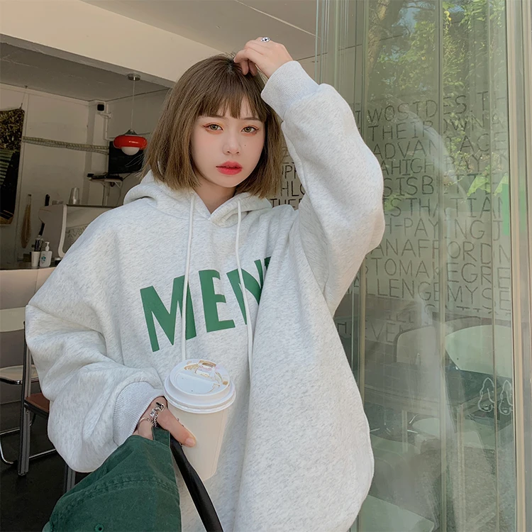 

1195 Autumn and winter Korean version 2022 new plus velvet thick hooded BF wind loose Sweatshirts women