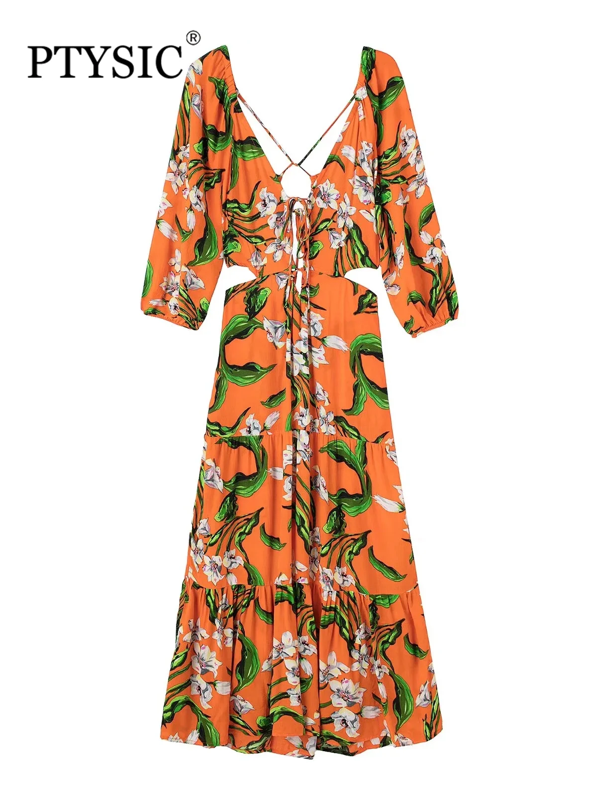 

PTYSIC женское модное с принтом ажурное платье 2022 летнее с длинным рукавом с открытой спиной каскадные оборки сексуальные платья Mujur