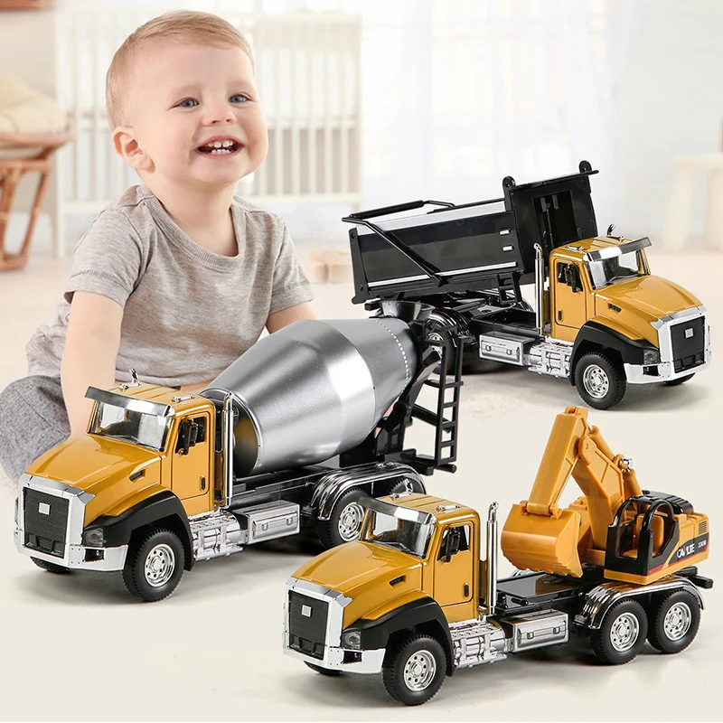 

3 Pack of Diecast Engineering Construction Vehicles Dump Digger Mixer Truck 1/50 Scale Metal Model Cars Pull Back Car Toys