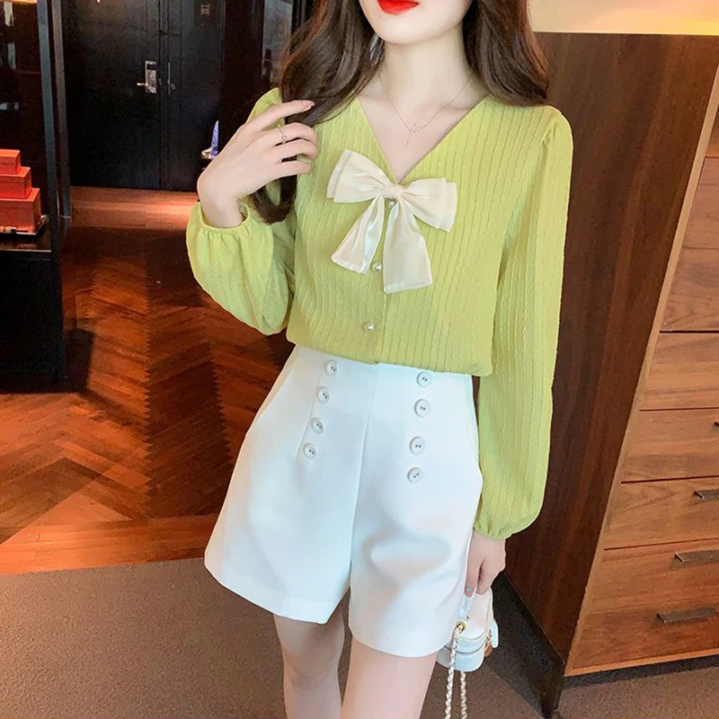 

Милый стиль, женский весенний плиссированный топ со шнуровкой, простой и удобный универсальный топ с V-образным вырезом