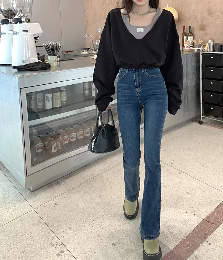 

DD1225 New high waist slim fit elastic flared pants long pants jeans