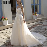 jeheth elegant beach spaghetti straps tulle sparkle wedding dress bohemian a line backless lace bridal gown vestidos de novia