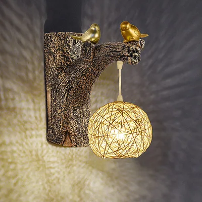 

Creative Resin Tree and Birds Model with Cord Droplight Rattan Bird Nest Shade E27 LED Wall Lamps for Bedroom Bedside Lamp