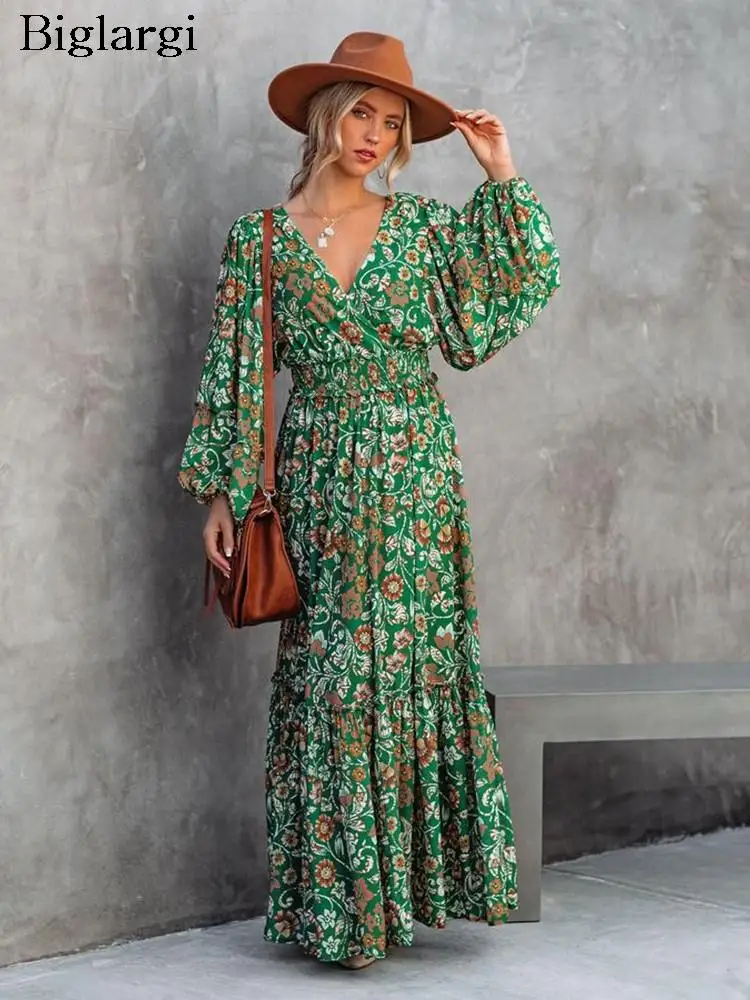 

Autumn Floral Long Dress Women Backless Flower Print Ruffle Pleated Ladies Dresses Long Sleeve Fashion Woman Dress 2023