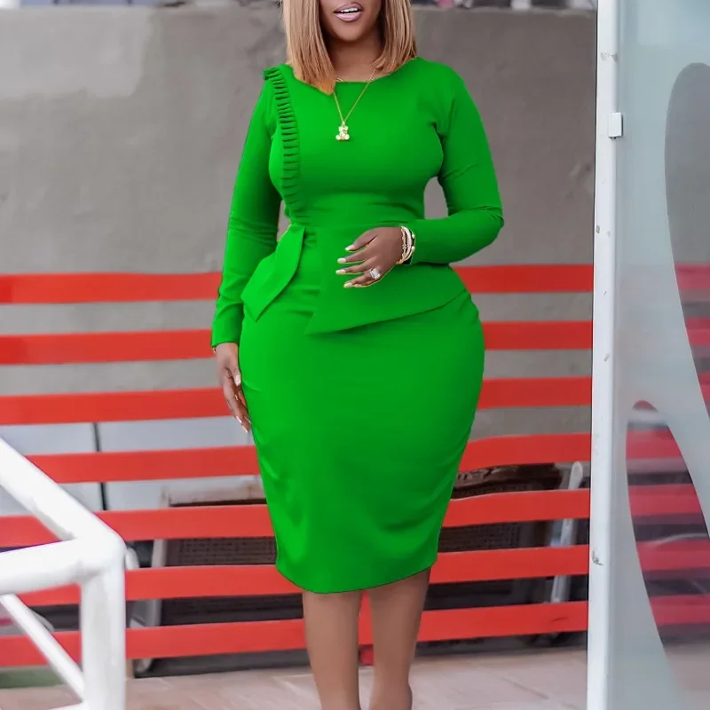 Осеннее модное офисное женское платье-карандаш повседневное однотонное тонкое