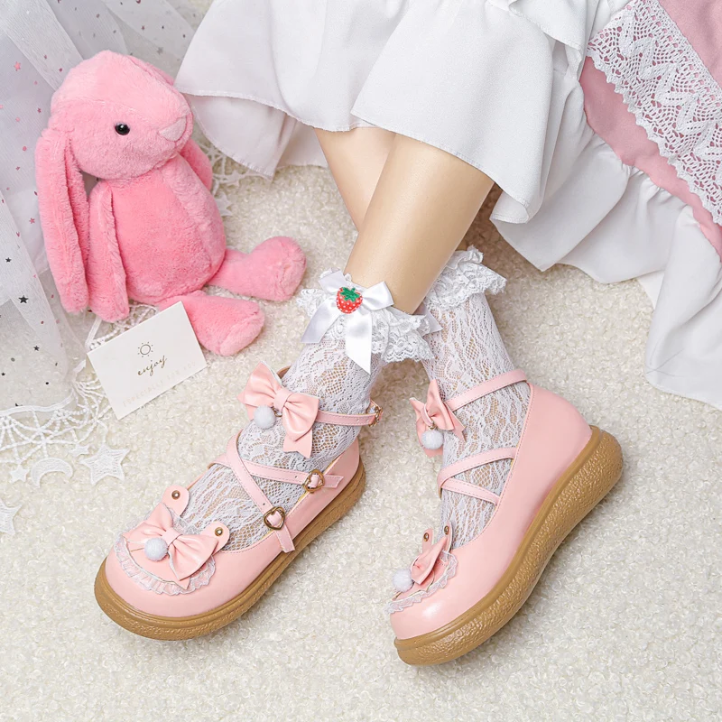 

YQBTDL Cross Bandage Kawaii Pumps Loli Lovely Girl Sweet Vintage Round Head Flat Thick Heel Princess Lolita Shoes Cute Bowknot