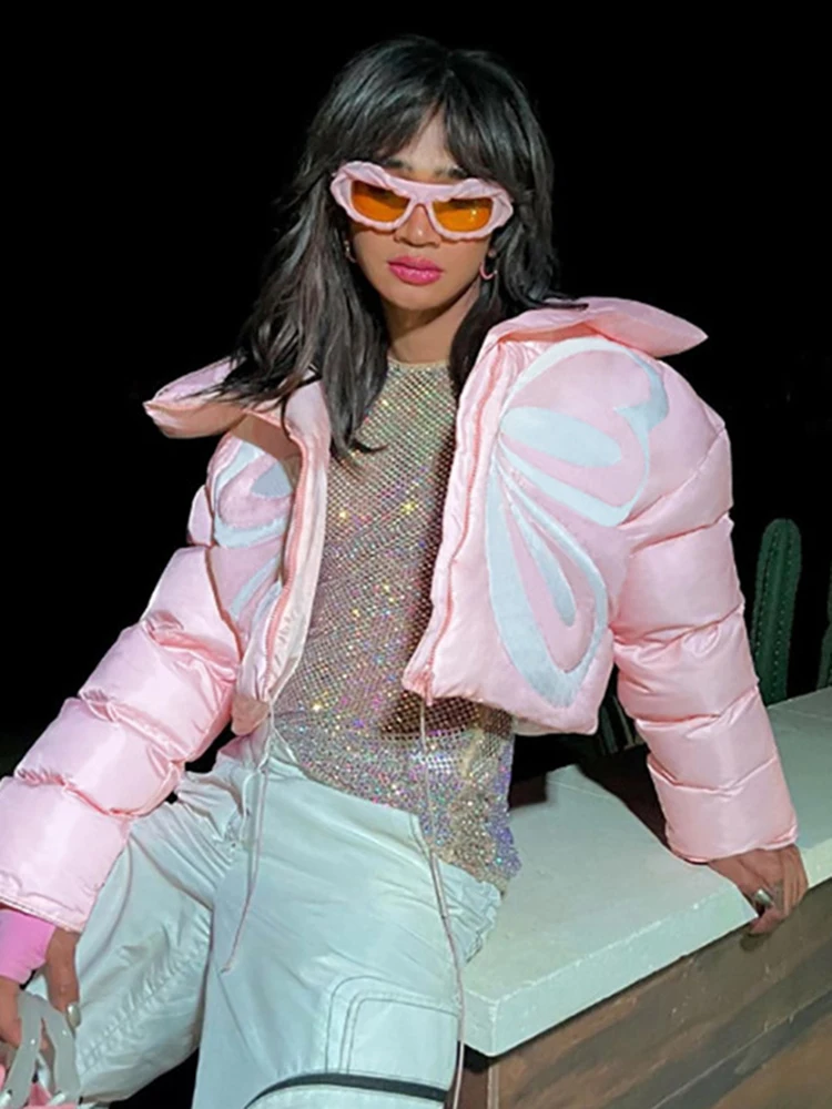 Sifreyr Butterfly Print Y2K Winter Parkas Women Fashion Zipper Stand Collar Puffer Jacket Coats Female Cotton-Padded Outerwear