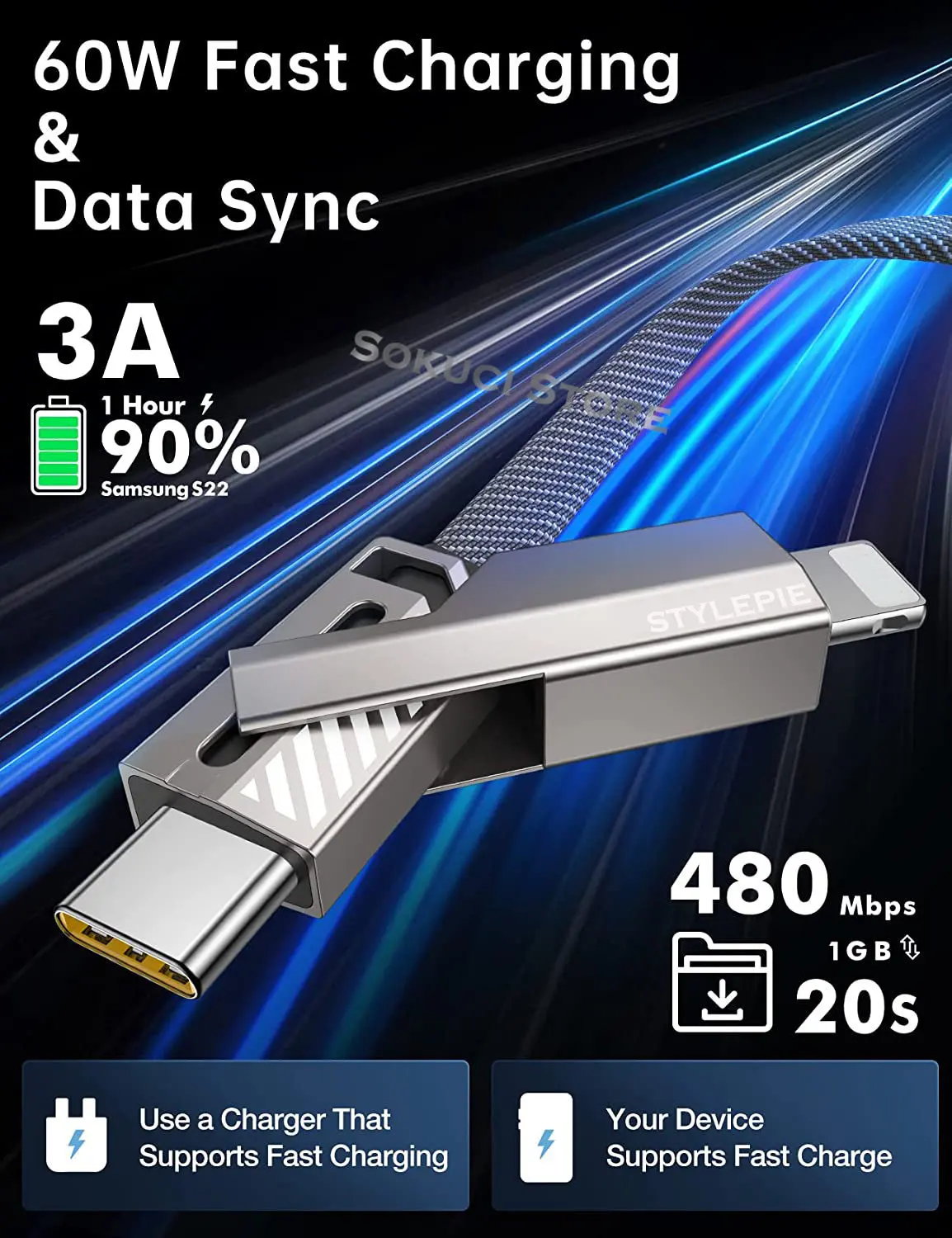 4-in-1 USB C Lightning Cable 60W PD[Fast Charging & Data Sync] Braided Anti-Tangle iPhone Charger,Multi Charging Cable Combo ios