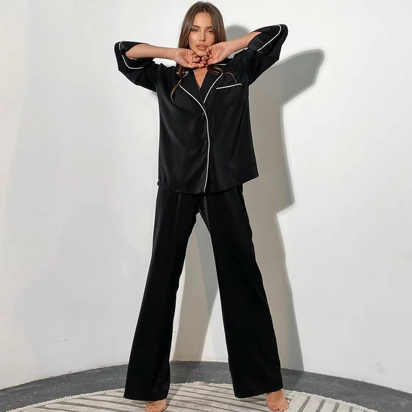 Luxury Black Color Satin Pyjamas Set Women's Sleepwear Homewear Long Sleeve Two Pieces Pajamas Night Wear Set For Winter Autumn