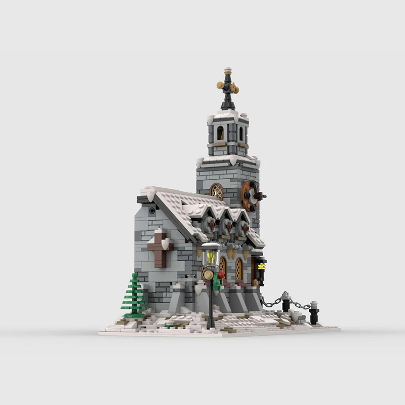 Фото Модель City Street View MOC, строительные кирпичи, маленькая зимняя церковь, модульные технологии, подарки, праздник, сборка, детские игрушки, костюм №4