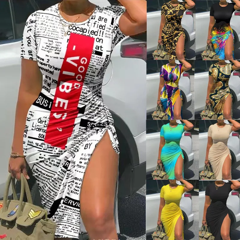 

2022 Summer Fashion Sexy Casual Asymmetric Drawstring Short Sleeve Tight Women's Printed Buttock Dress