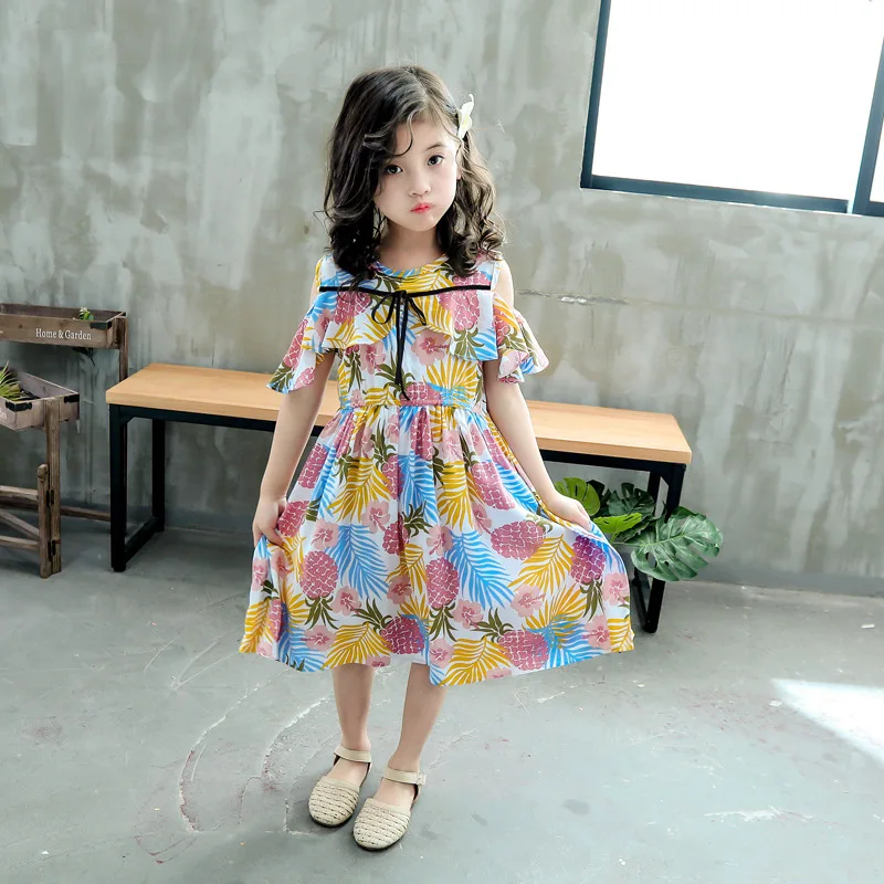 

For Girl Princess Dress Summer Kid Off The Shoulder Sleeves Black Ribbon Floral Sweet Children Party Costume Children Clothing