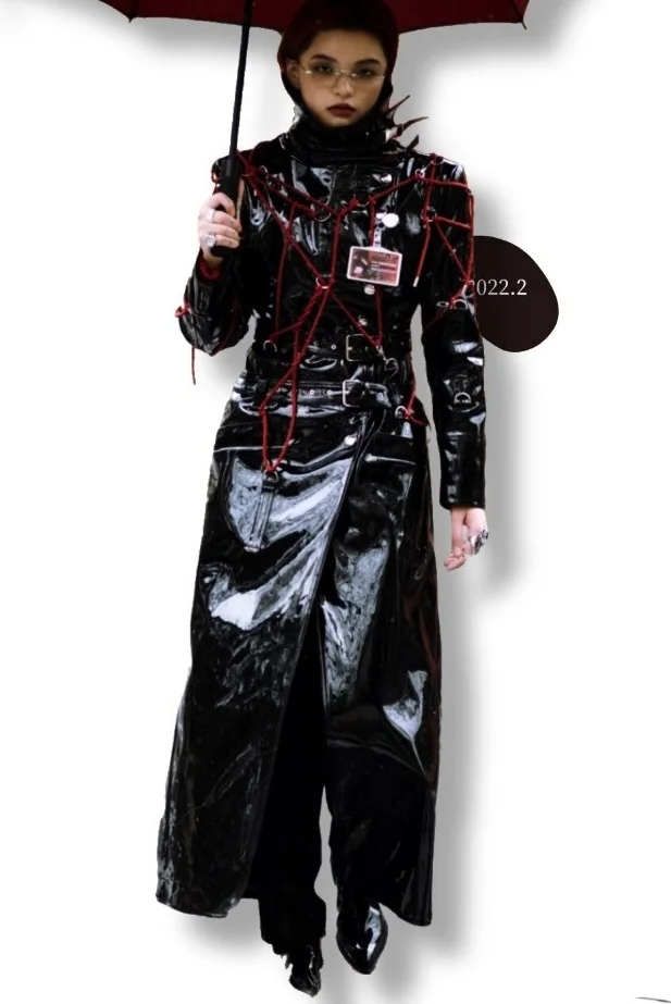Sunken SINKing | SK Series TRA Strap Jipunk Style Black Red Cord Shiny Patent Leather Long Coat