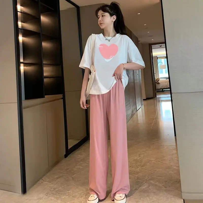 

Women 2023 Summer Jogger Casual Daily Sets Print Tracksuit Short Sleeve Tops + Wide Leg Pants 2Pcs Suits Sport Wear Sets W44