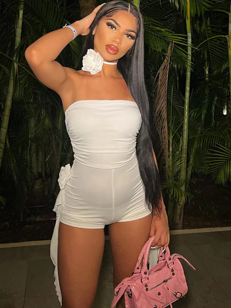 

Fashion 2023 Summer Women Solid White Night Club Bodysuit Streetwear Sexy Strapless Backless Flowers Bandage Beach Playsuit