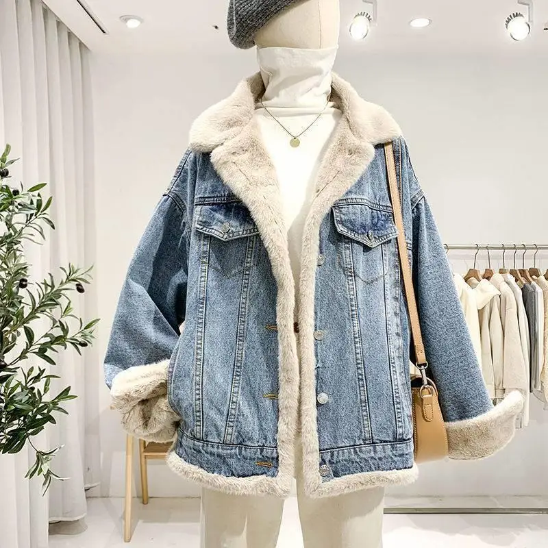 Winter Lamb Wool Jacket Women Double Sided Wear Denim Faux Fur Coat Female Cashmere Thick Casual Cotton Loose Thick Warm Clothes