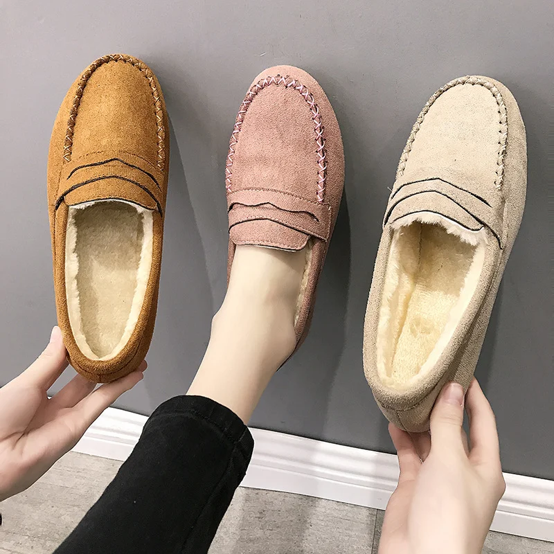

Winter Women Shoes Comfortable Flats Loafers Short Flock Sewing Casual Ladies Non-Slip Bottom Warm Women Oxford Loafers