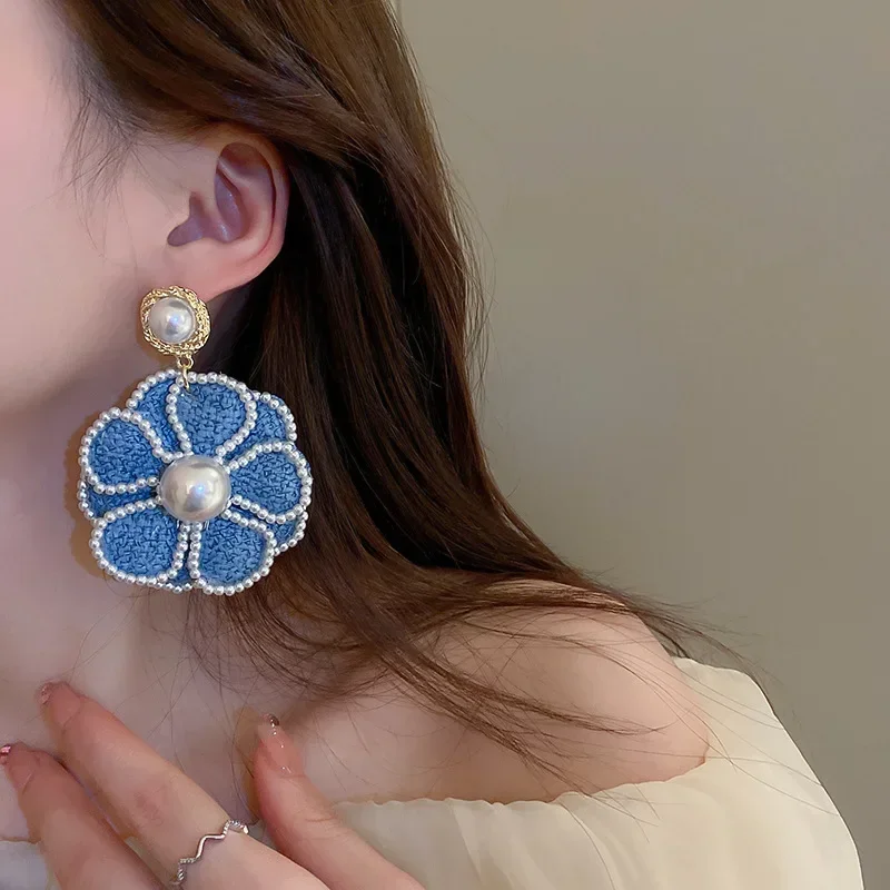 Женские серьги с жемчугом и голубой розой уникальные новинка 2023 модные джинсовые